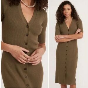 Marine Layer Bella Button Down Midi Dress Burnt Olive Ribbed Bamboo Blend - L